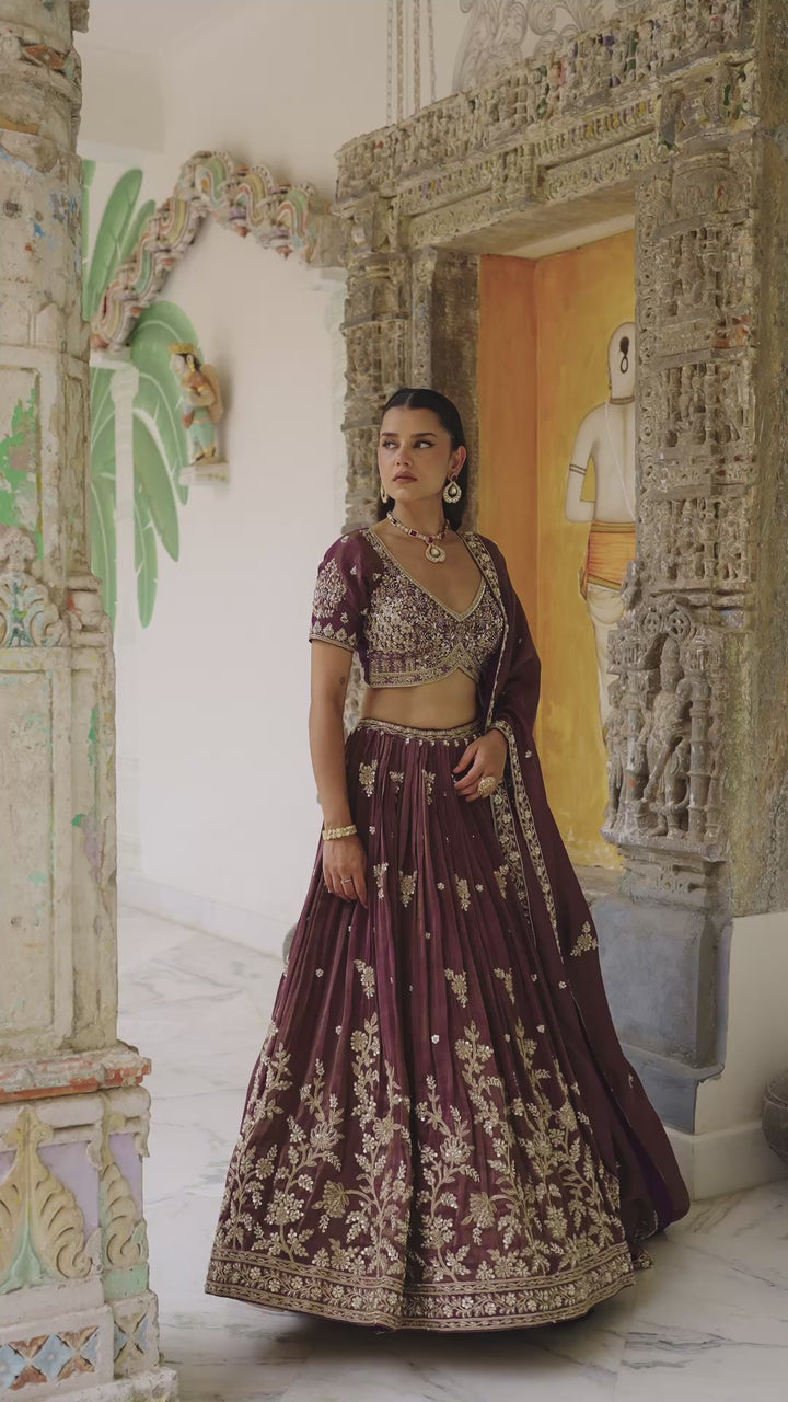 Wine Floral Hand-Embroidered Lehenga Choli with Dupatta