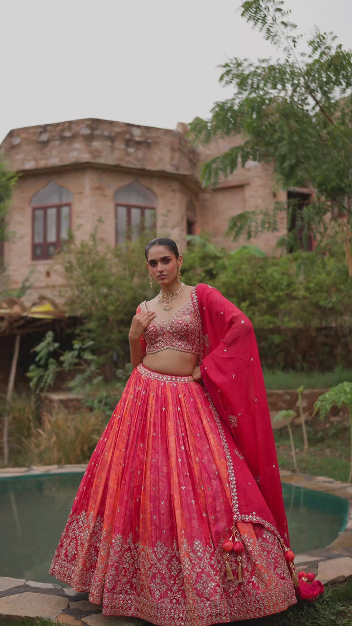 Rani Pink Leheriya Embroidered Bridal Lehenga Choli with Dupatta