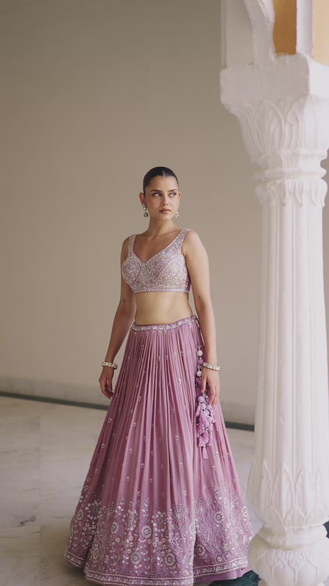 Dusty Lavender Hand-Embroidered Indo Western Lehenga Set with Sequin Blouse