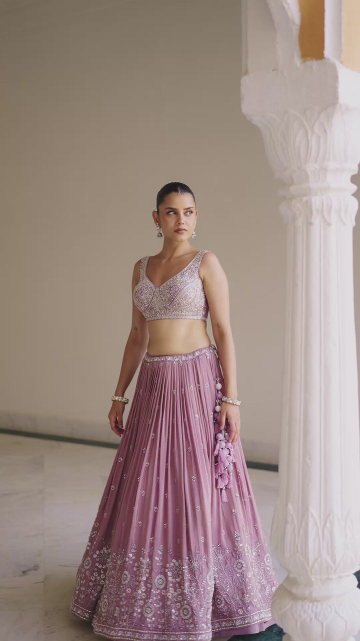 Dusty Lavender Hand-Embroidered Indo Western Lehenga Set with Sequin Blouse