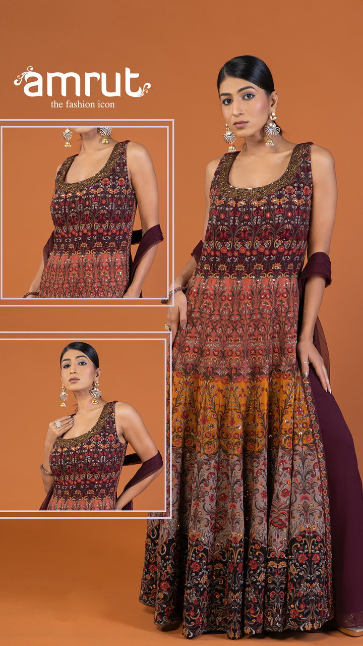 Maroon Floral Embroidered Kurti with Palazzo and Dupatta