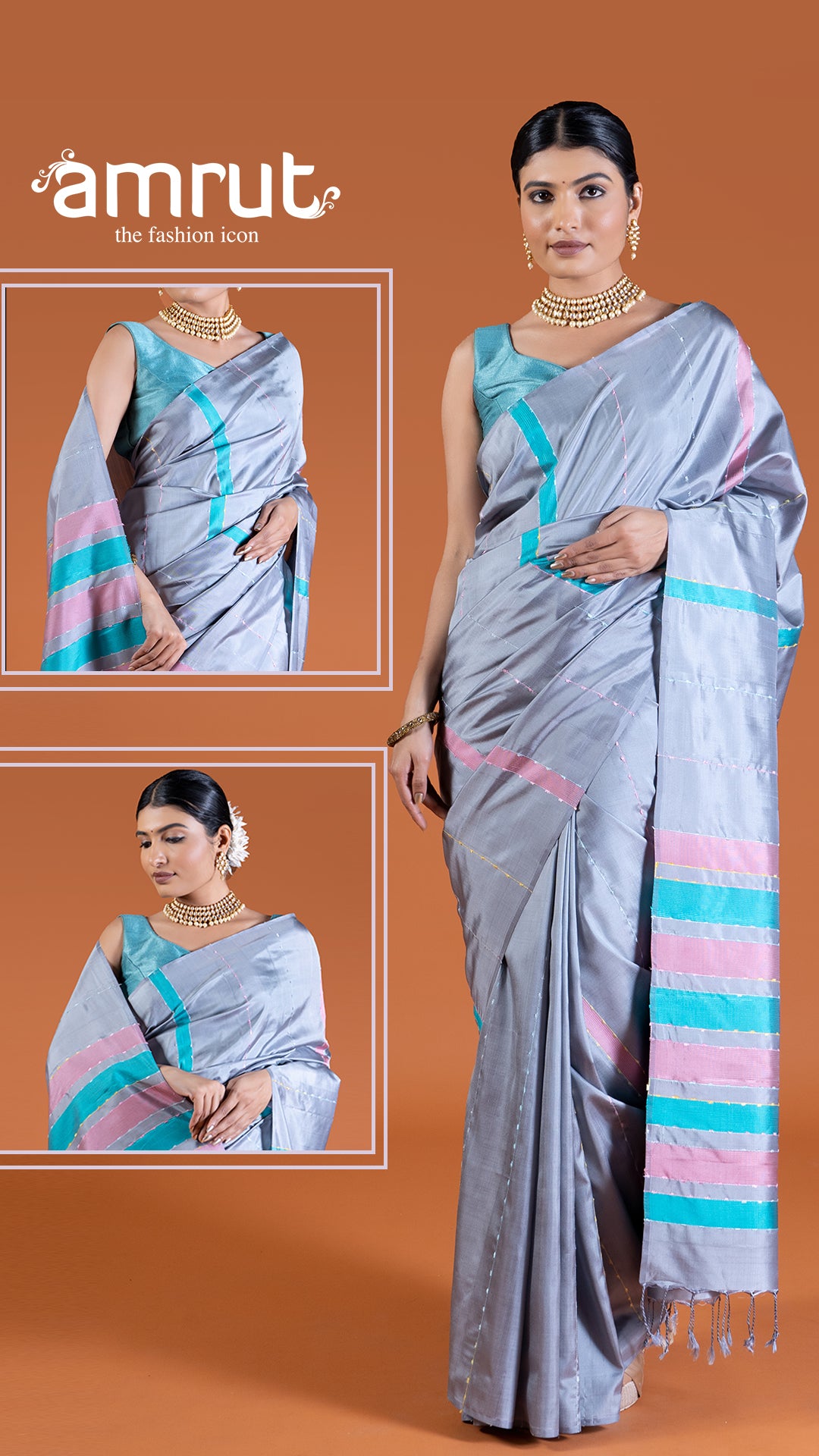 Light Gray with Teal and Dusty Rose Stripes Silk Saree with unstitched blouse