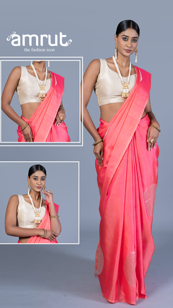 Hot Pink Saree with Golden Zari Woven Pattern with Unstitched Blouse