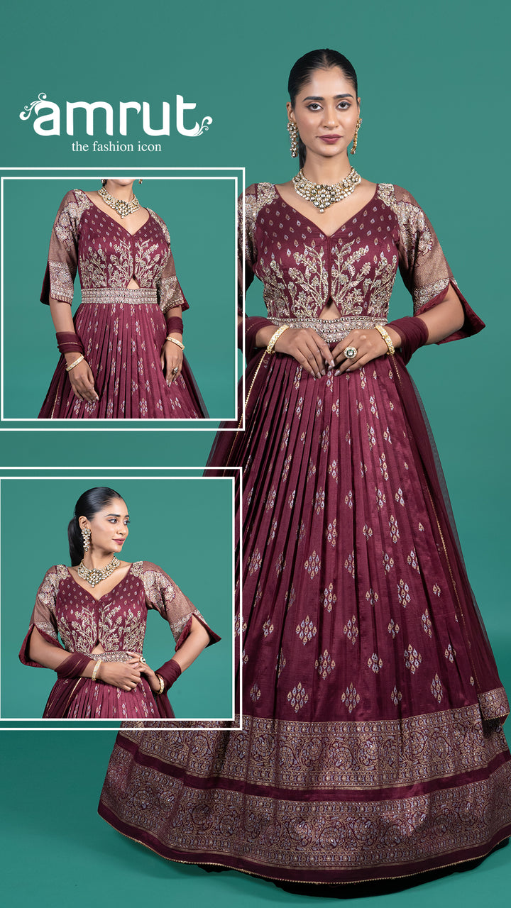 Wine Embroidered Gown with Duptta