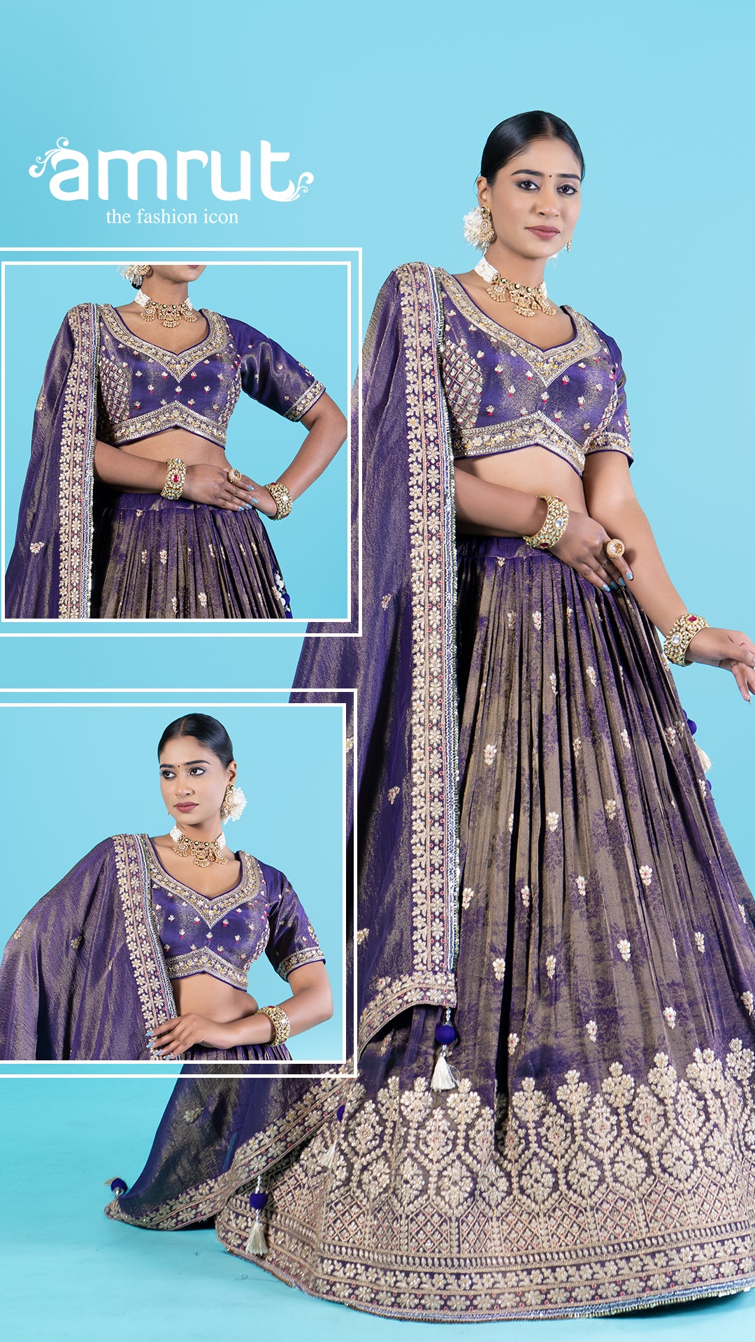 Purple Golden Floral Embroidered Lehenga Choli with Dupatta