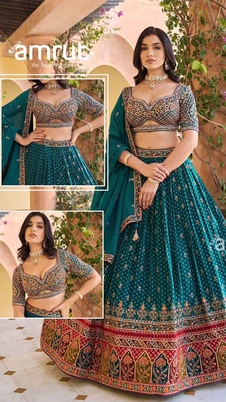 Teal Sequins Embroidered Lehenga Choli with Matching Dupatta