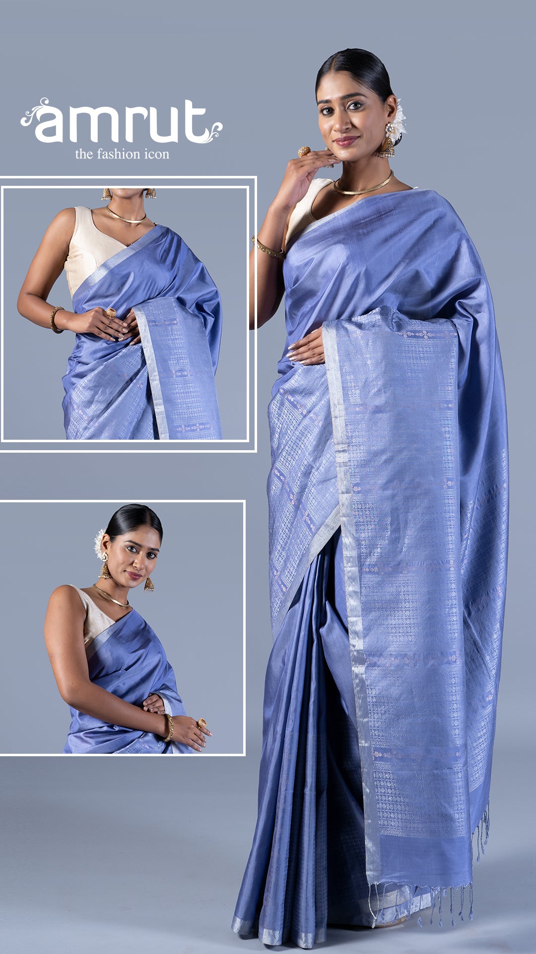 Blue Silver-Gray Stripes Silk Saree with unstitched blouse