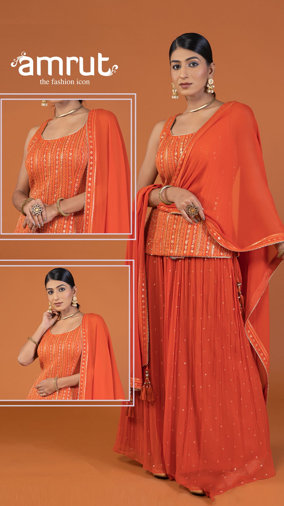 Orange Sequin Embellished   Palazzo with Sleeveless Plum Top and Dupatta