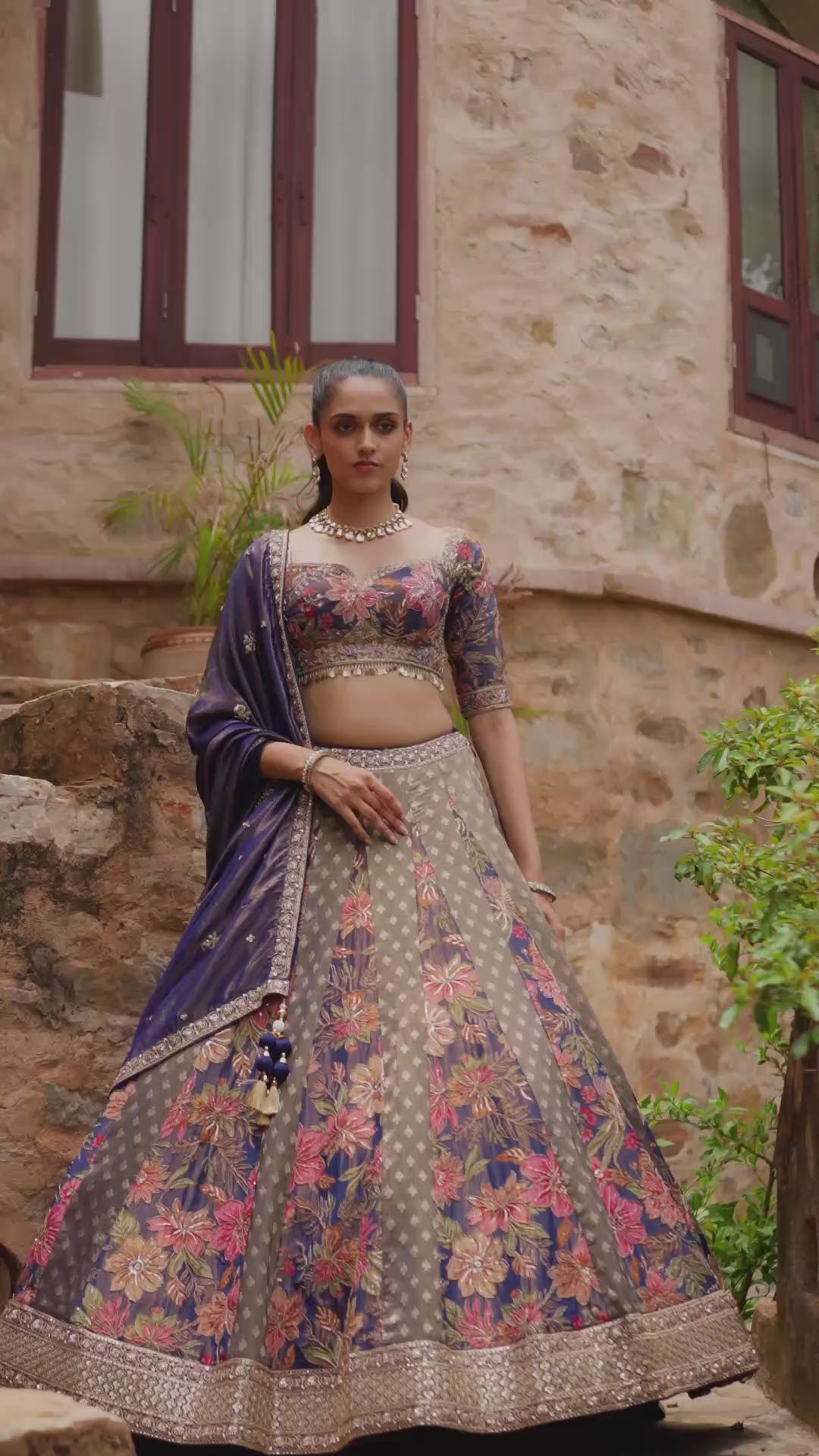 Navy Blue Lehenga Choli with Multicolour Floral Prints and Embellished Dupatta