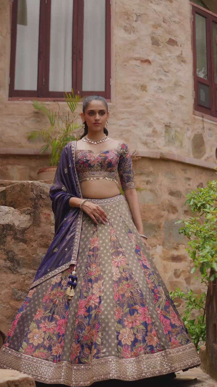 Navy Blue Lehenga Choli with Multicolour Floral Prints and Embellished Dupatta