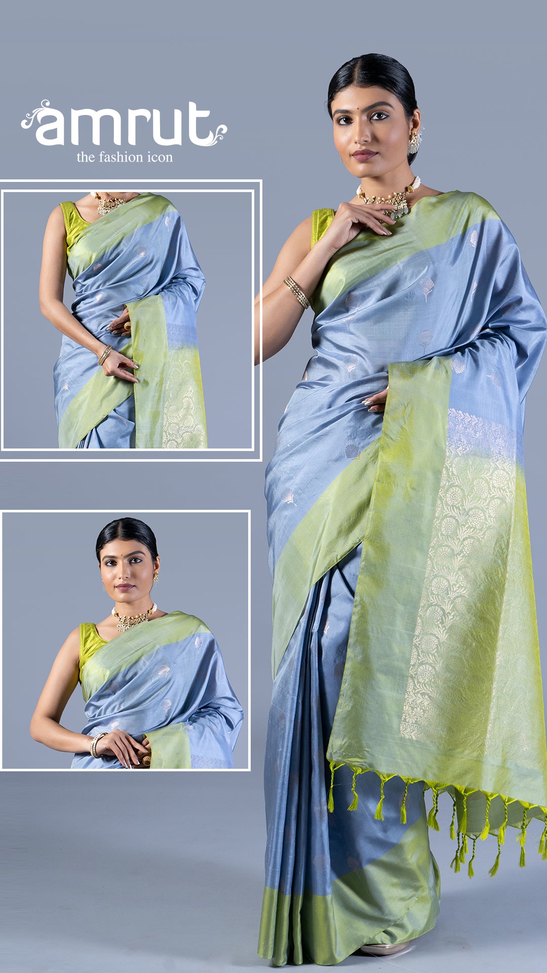 Light Blue and Lime Green Silver Zari Woven Embellished Silk Saree with unstitched blouse