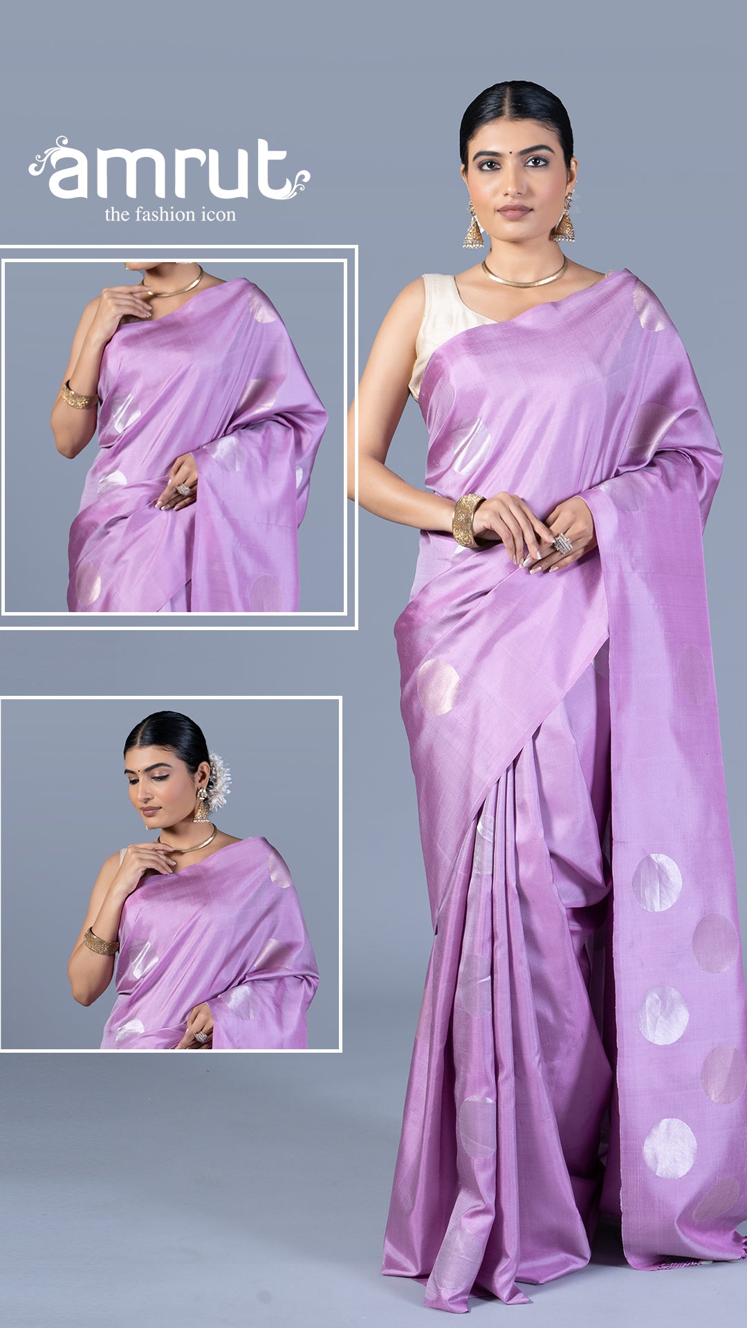 Light Lavender-Purple with Silver Zari Circular Patterns Silk Saree with Unstitched Blouse