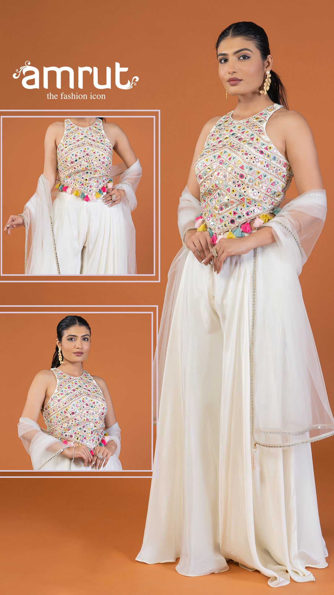 White Palazzo with Embroidered Embellished Crop Top and Dupatta