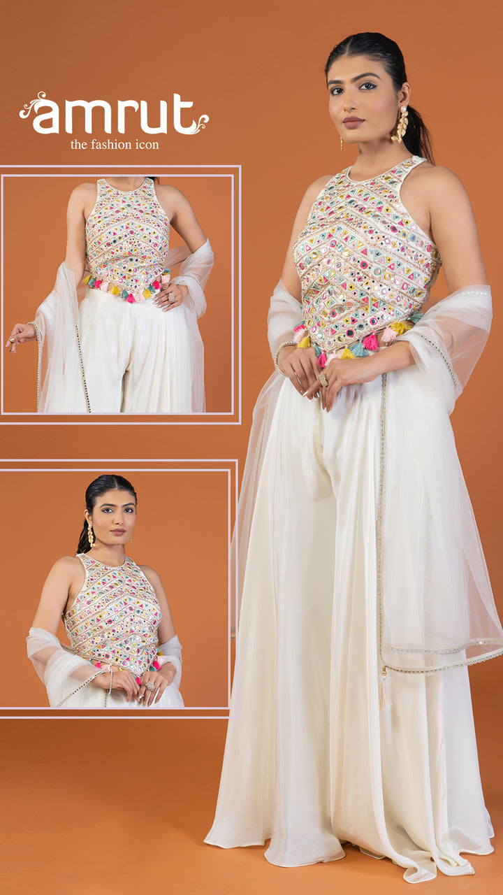 White Palazzo with Embroidered Embellished Crop Top and Dupatta