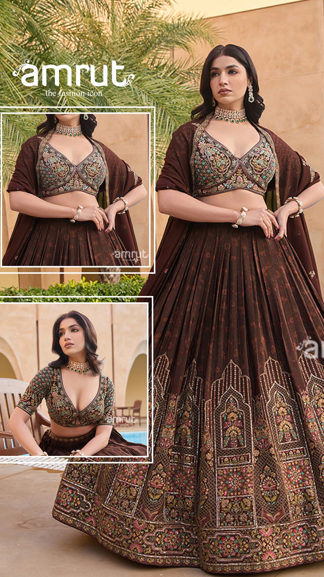 Brown Pleated Lehenga Choli with Intricate Embroidery and Matching Dupatta