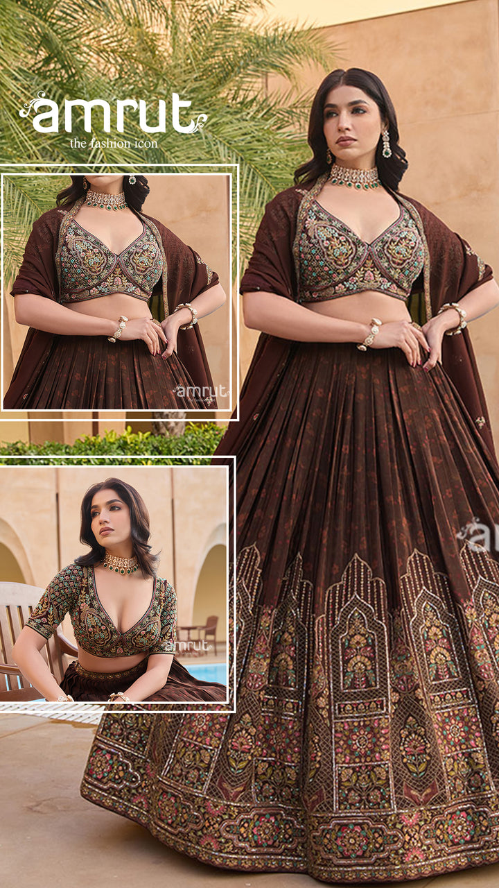 Brown Pleated Lehenga Choli with Intricate Embroidery and Matching Dupatta