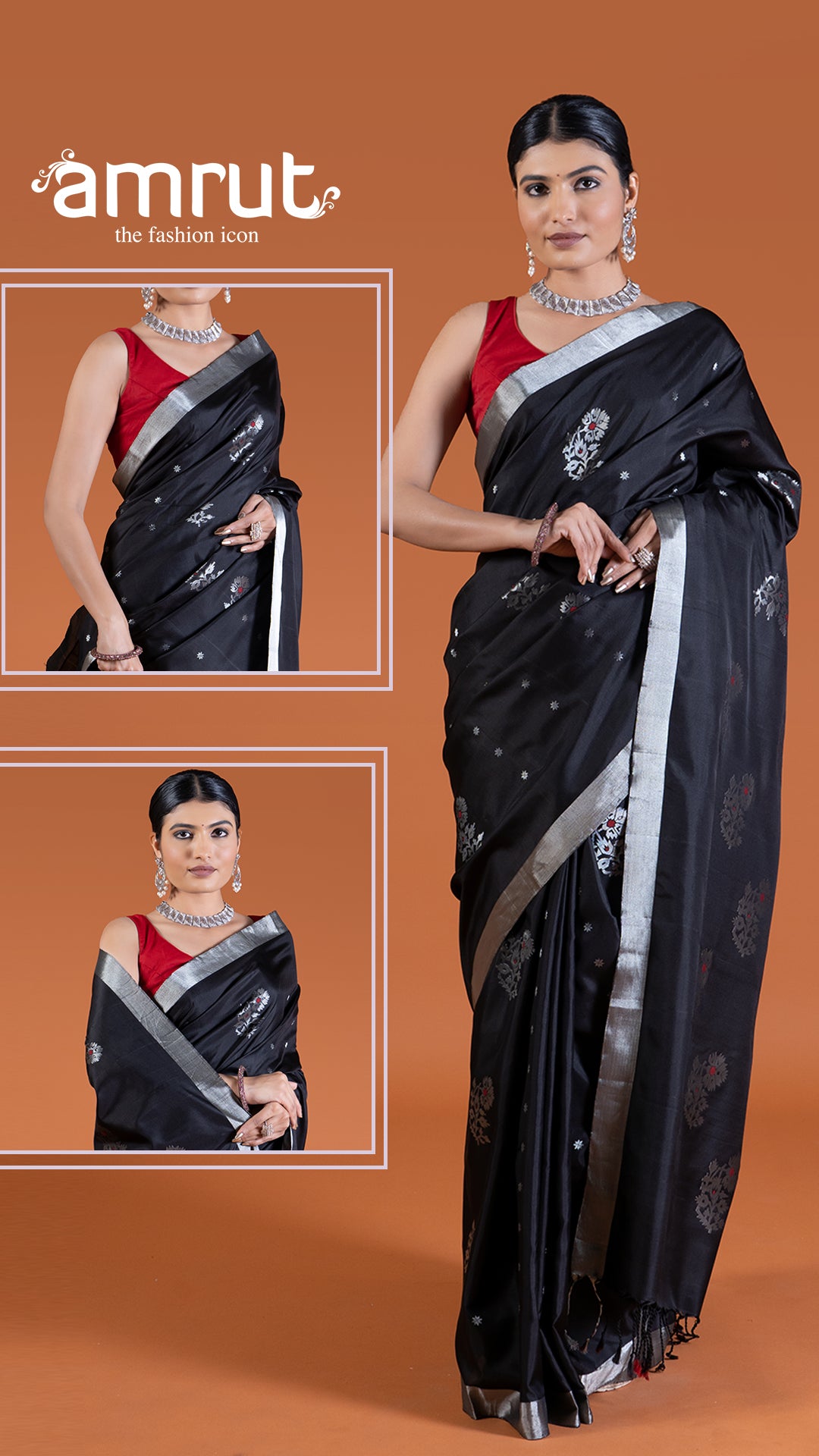 Black with Silver Zari Borders, Motifs, and Fringe Detailing Saree with unstitched blouse