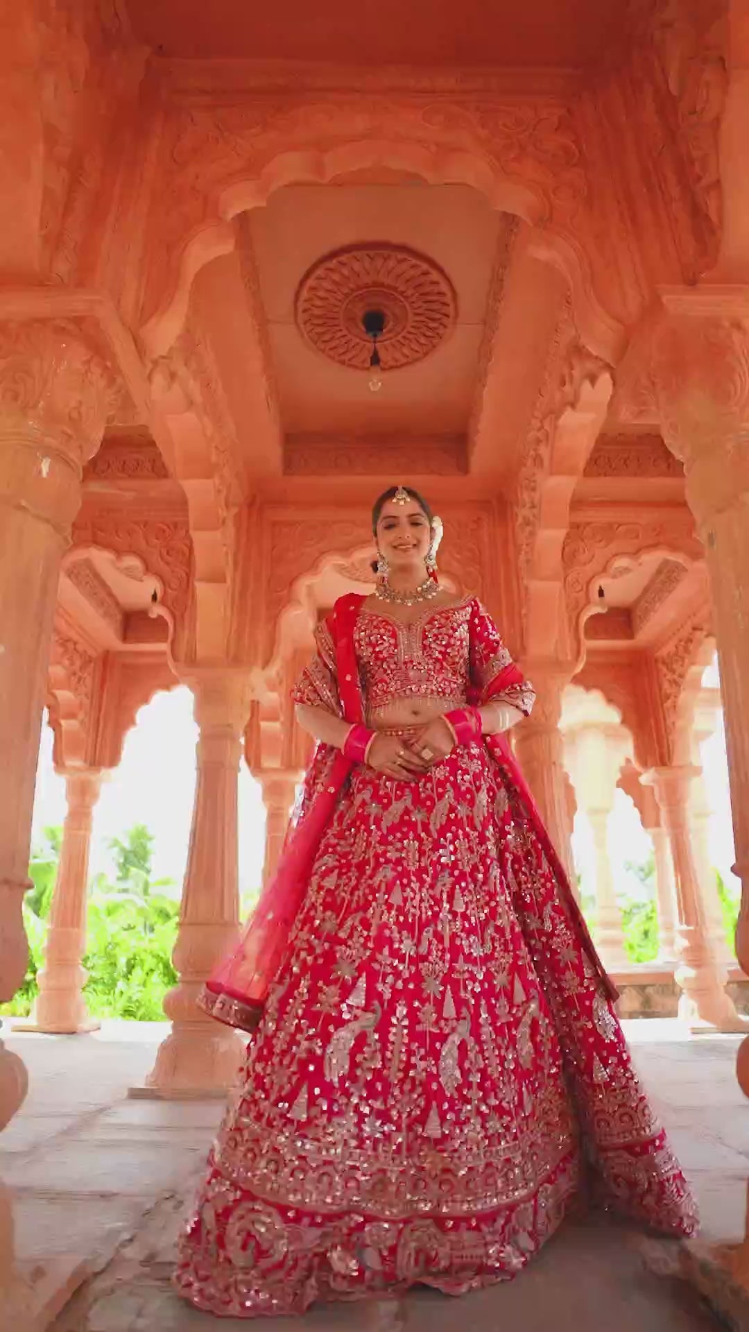 Shahi Afsana Crimson Red Bridal Lehenga Choli with Intricate Golden Embroidery
