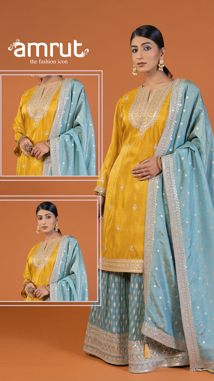 Yellow and sky-blue Zari Buti embellished salwar kameez