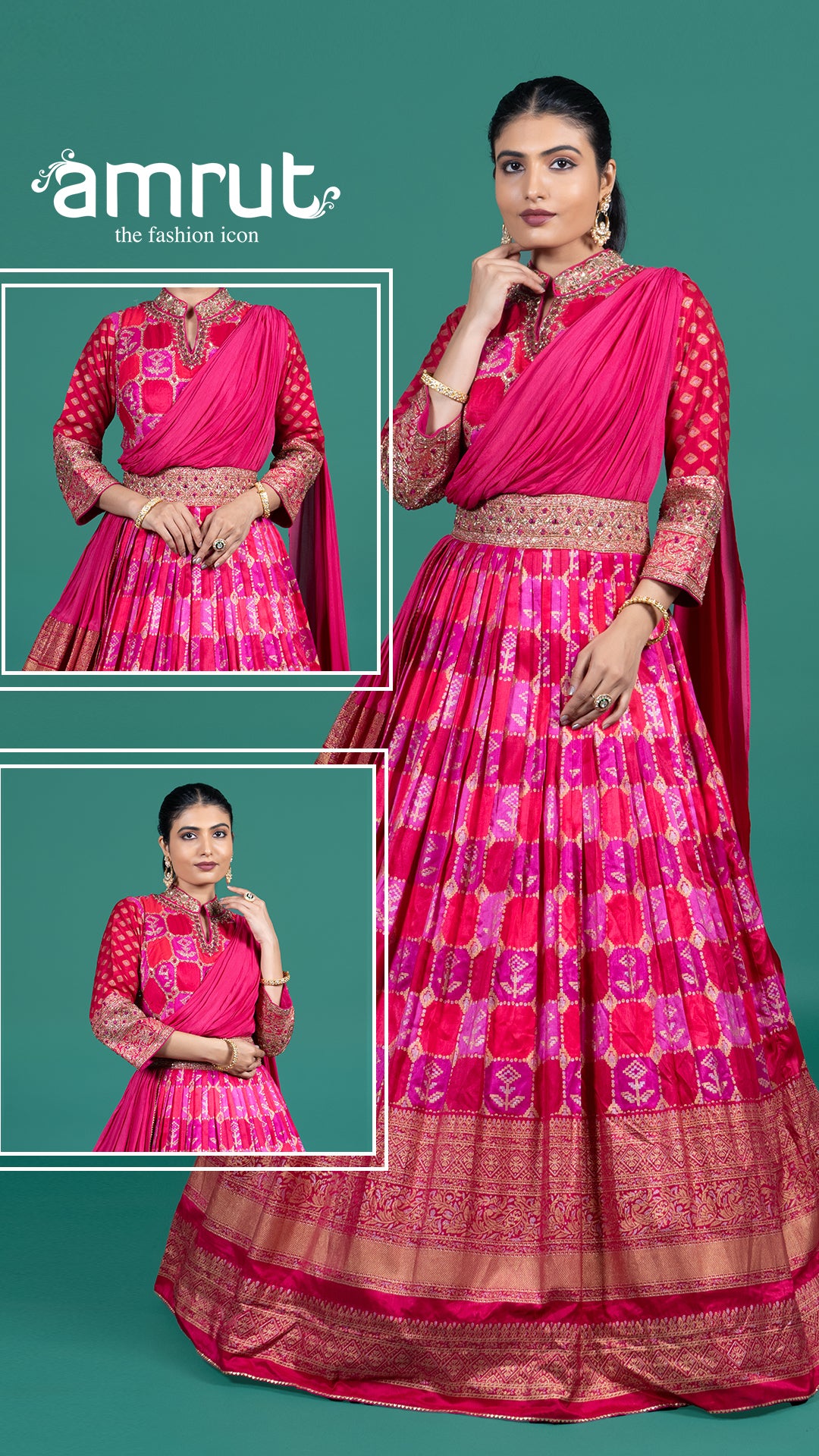 Magenta Pink Printed Gown with Draped Dupatta
