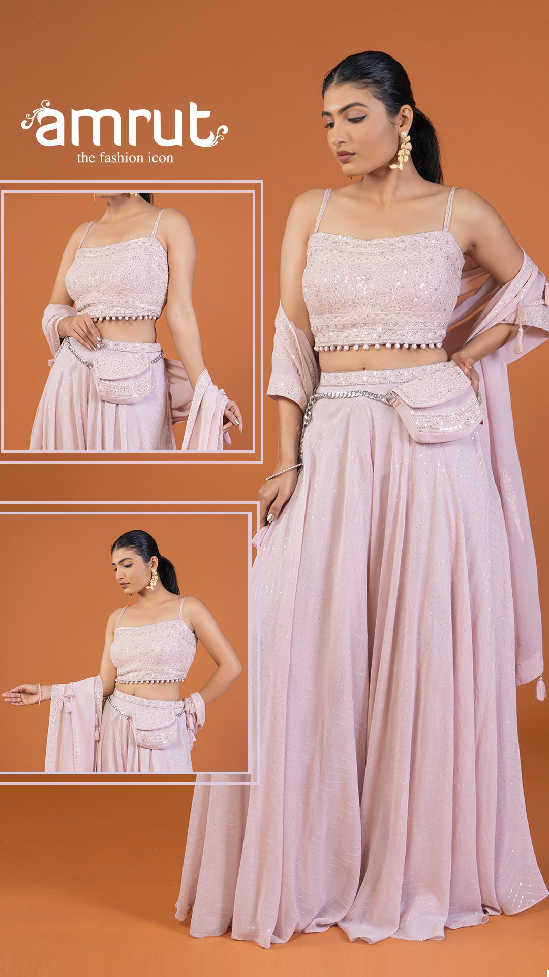 Pink Embellished Crop Top and Palazzo Set with Waistline Bag