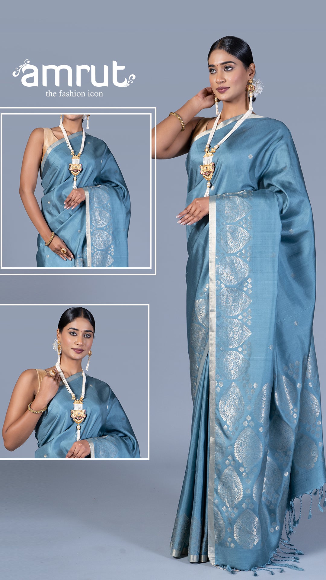 Light Teal Blue and Beige Borders Silk Saree with Unstitched Blouse