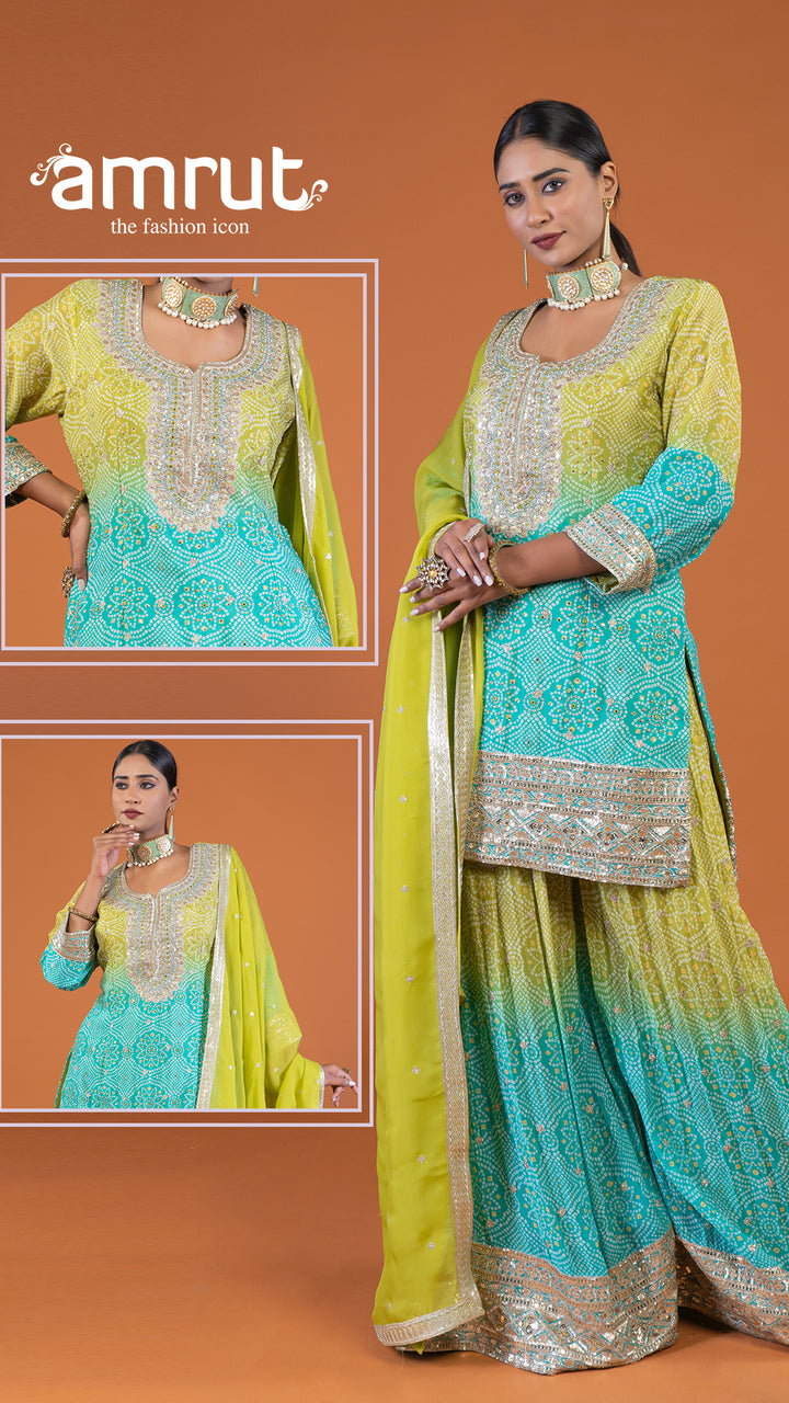 Lime Yellow and Turquoise Blue Ombre Sequins & Bead Detailing Embellished Salwar Kameez