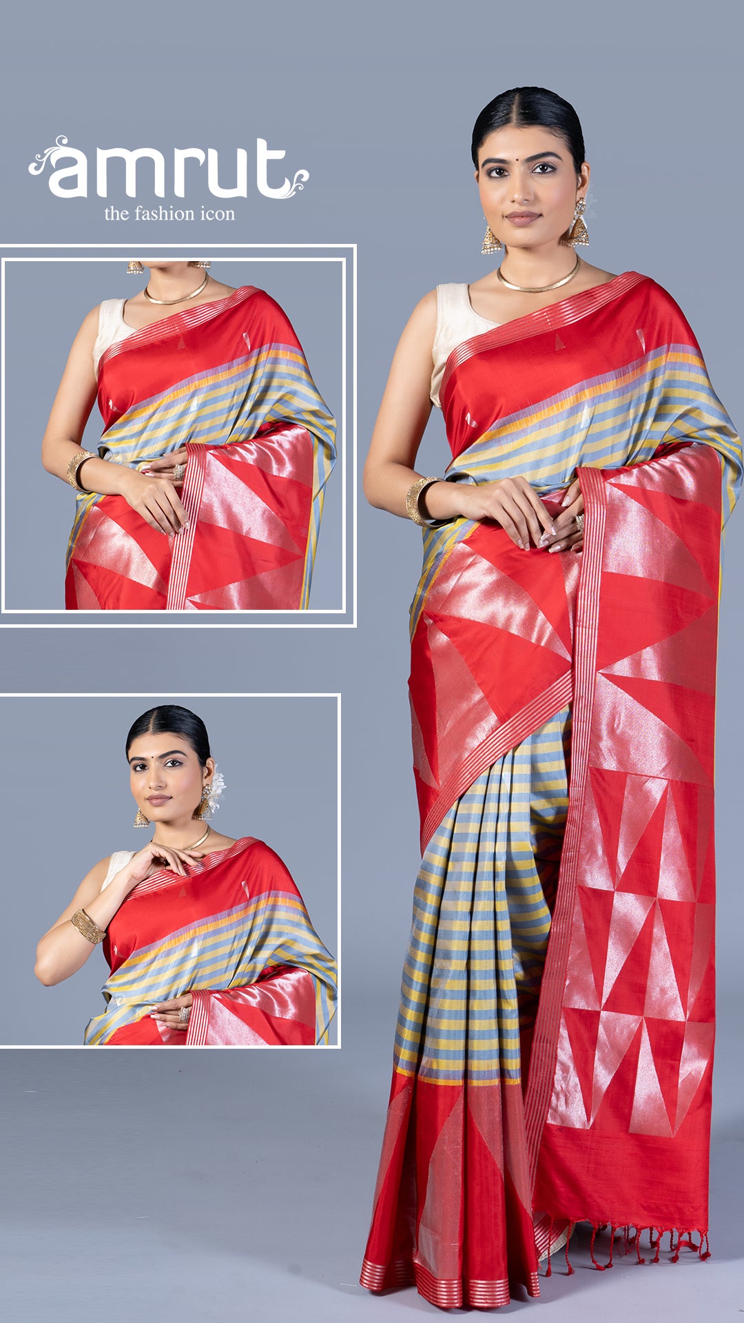 Grey and Yellow Striped Saree with Red Border with Unstitched Blouse