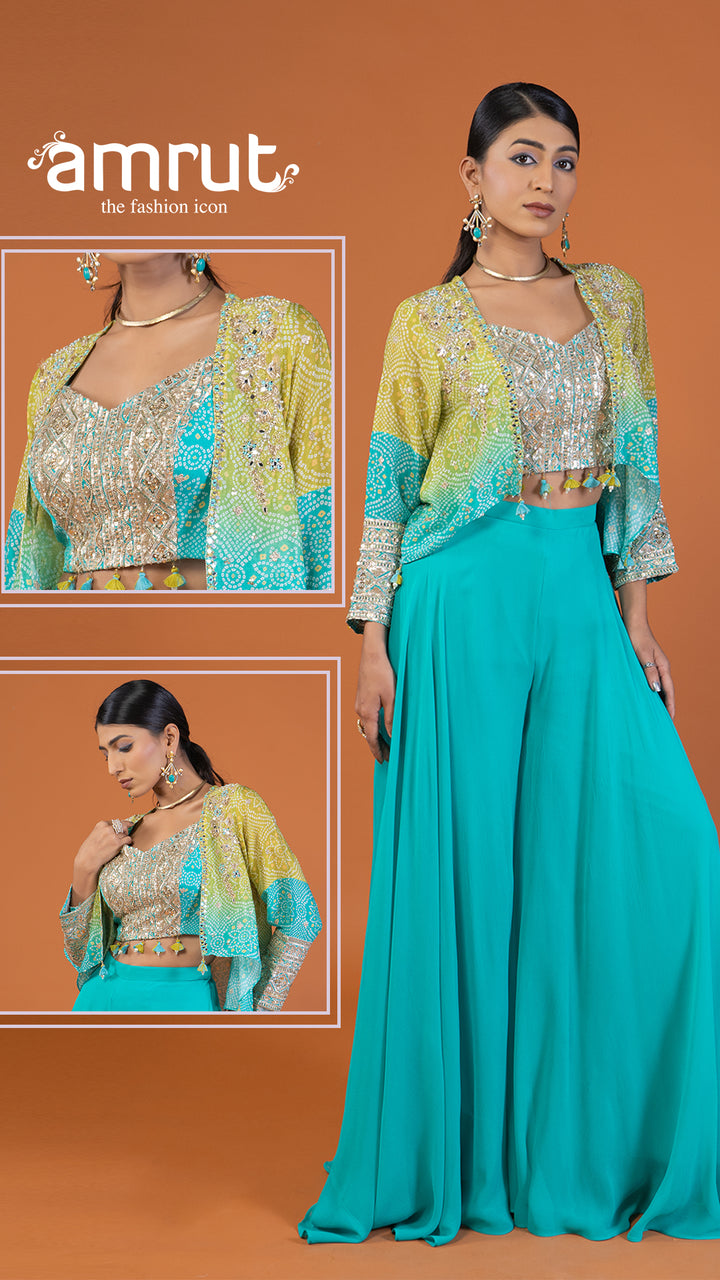 Lime Yellow & Turquoise Ombre Sequin-Embellished Jacket with Palazzo & Crop Top