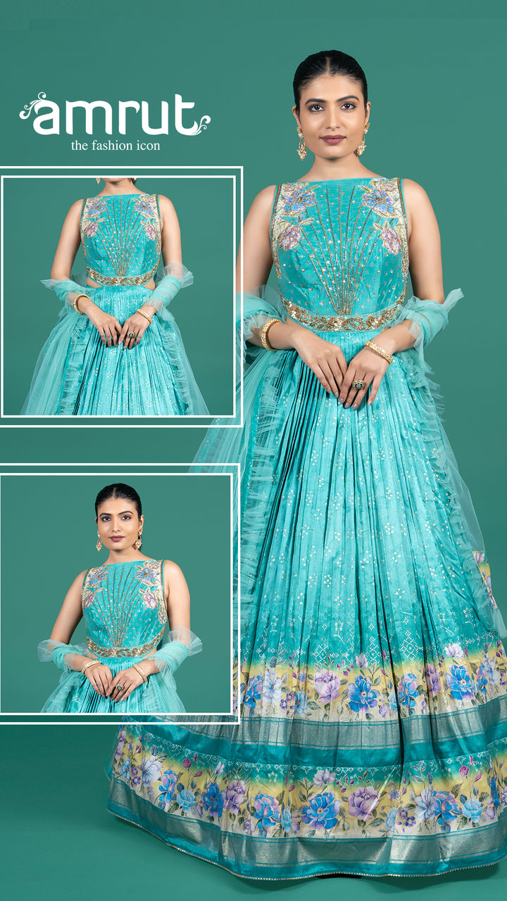 Light Teal Printed Tiered Gown with Dupatta