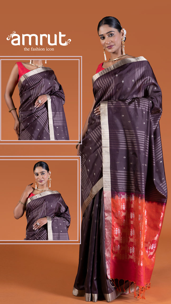 Plum with Golden Borders and Contrasting Motif Detailing Saree with Unstitched Blouse