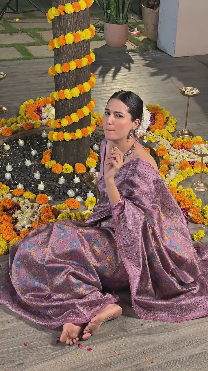 Brown PV Cotton Khadi Saree with Intricate Floral Prints and Unstitched Blouse