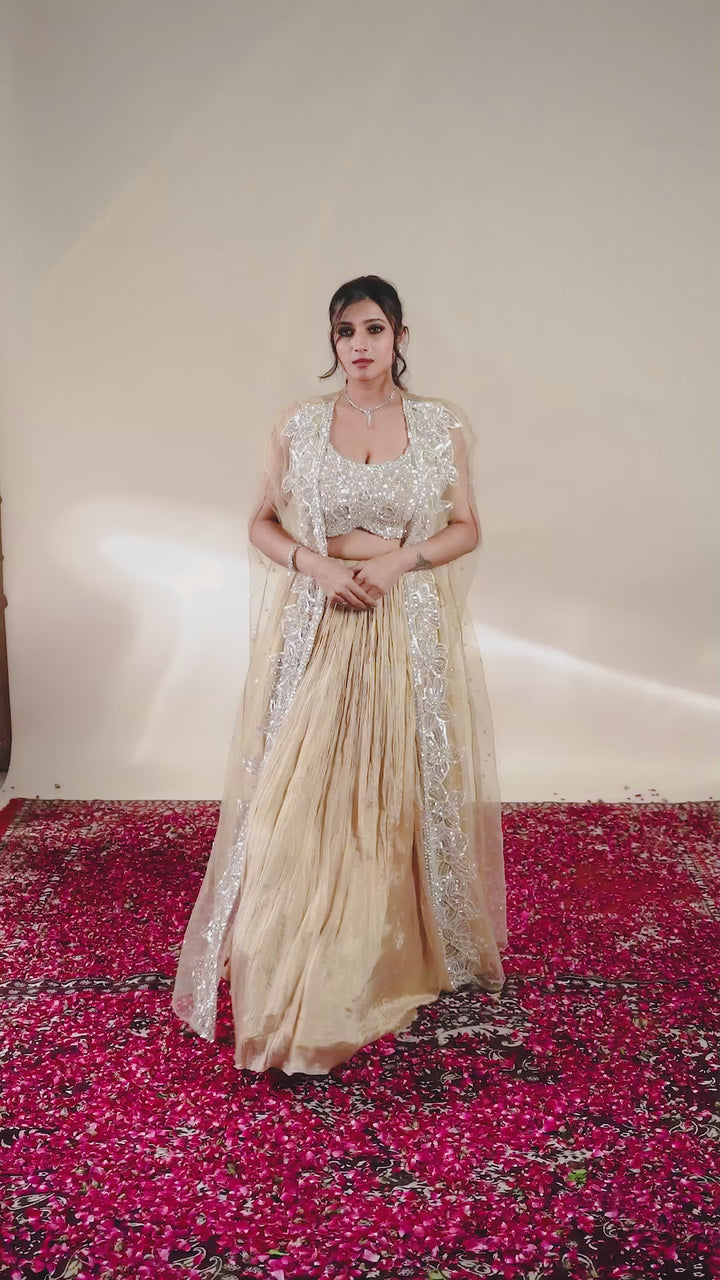 Champagne Gold Designer Lehenga Set with Embellished Cape Dupatta