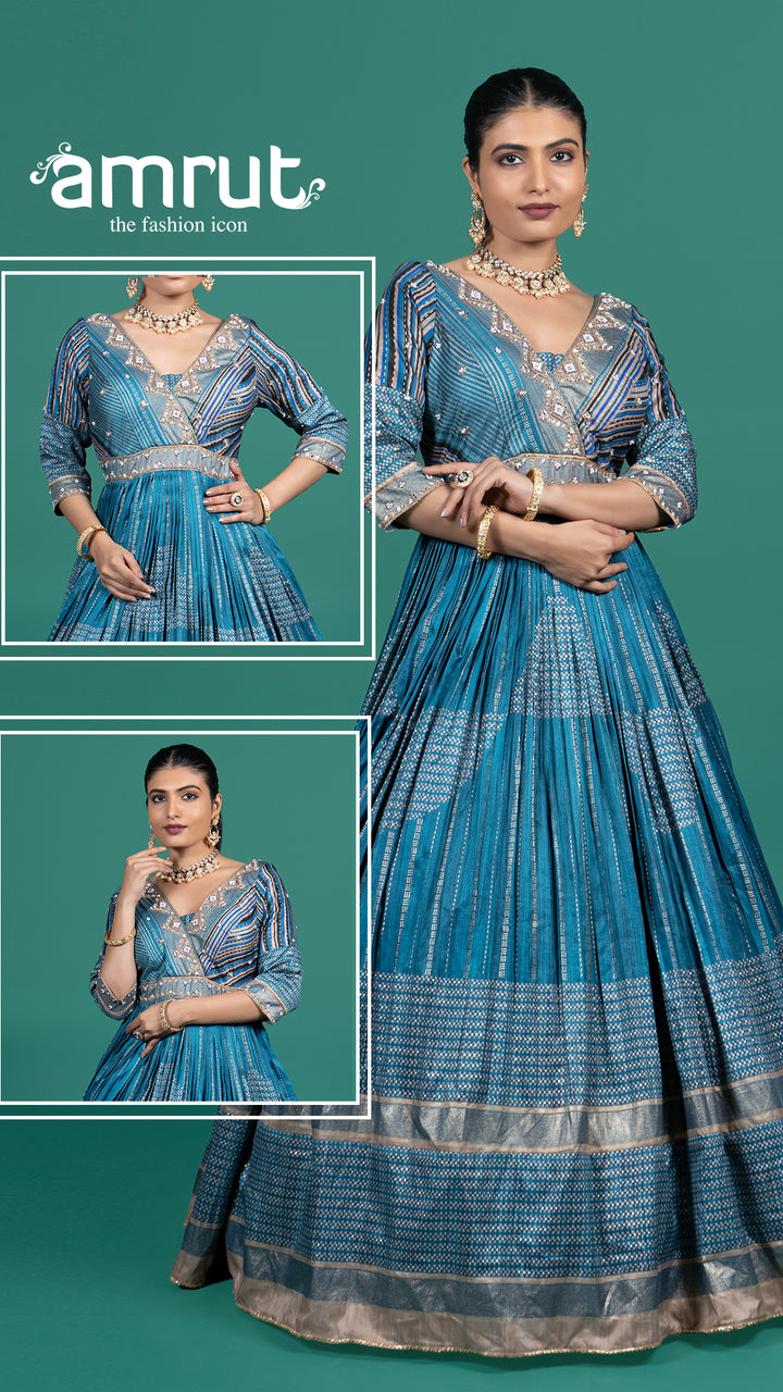 Teal Blue Embroidered Gown with Dupatta