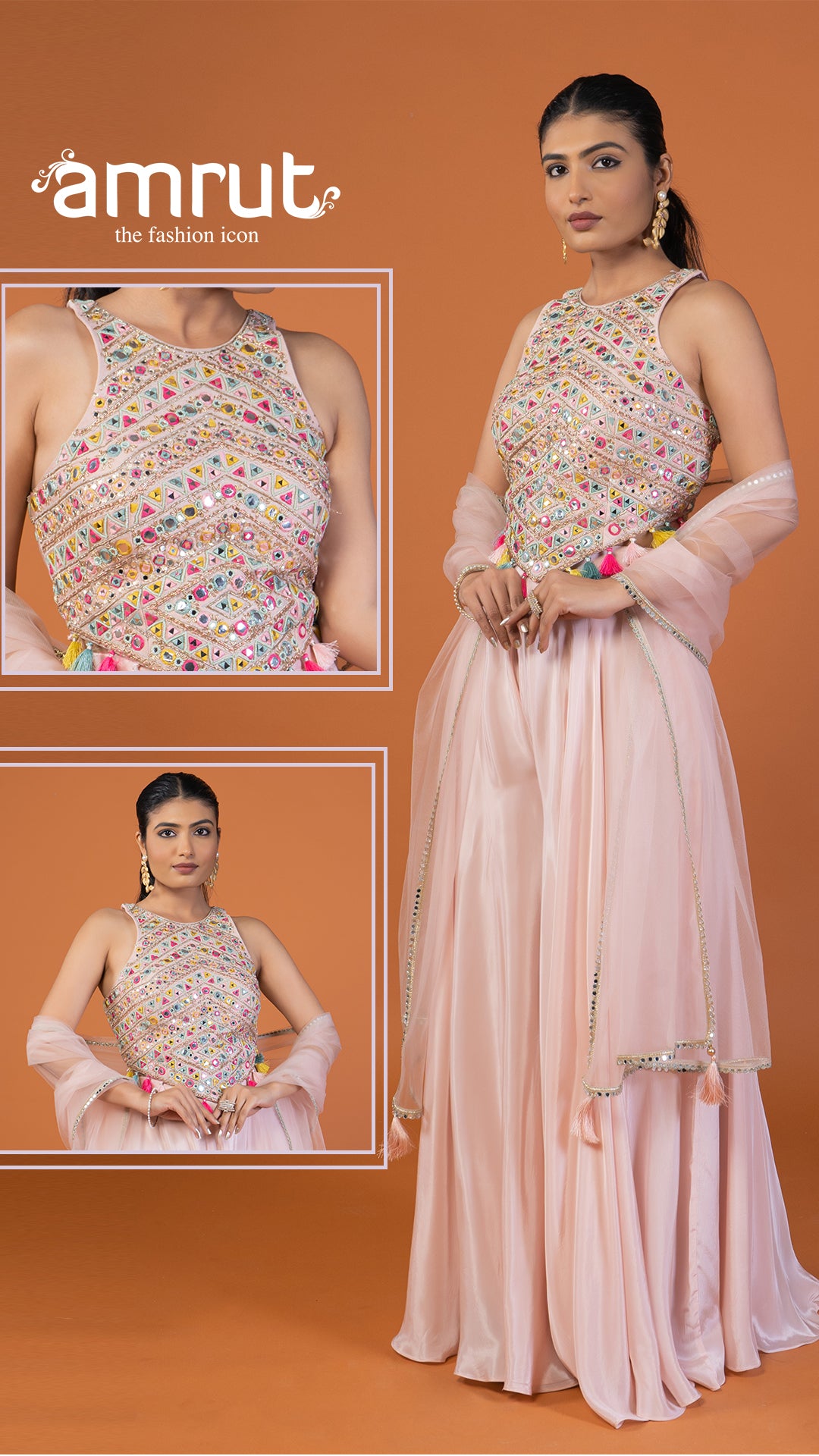 Pastel Pink Palazzo with Mirror Embroidery Embellished Crop Top & Dupatta