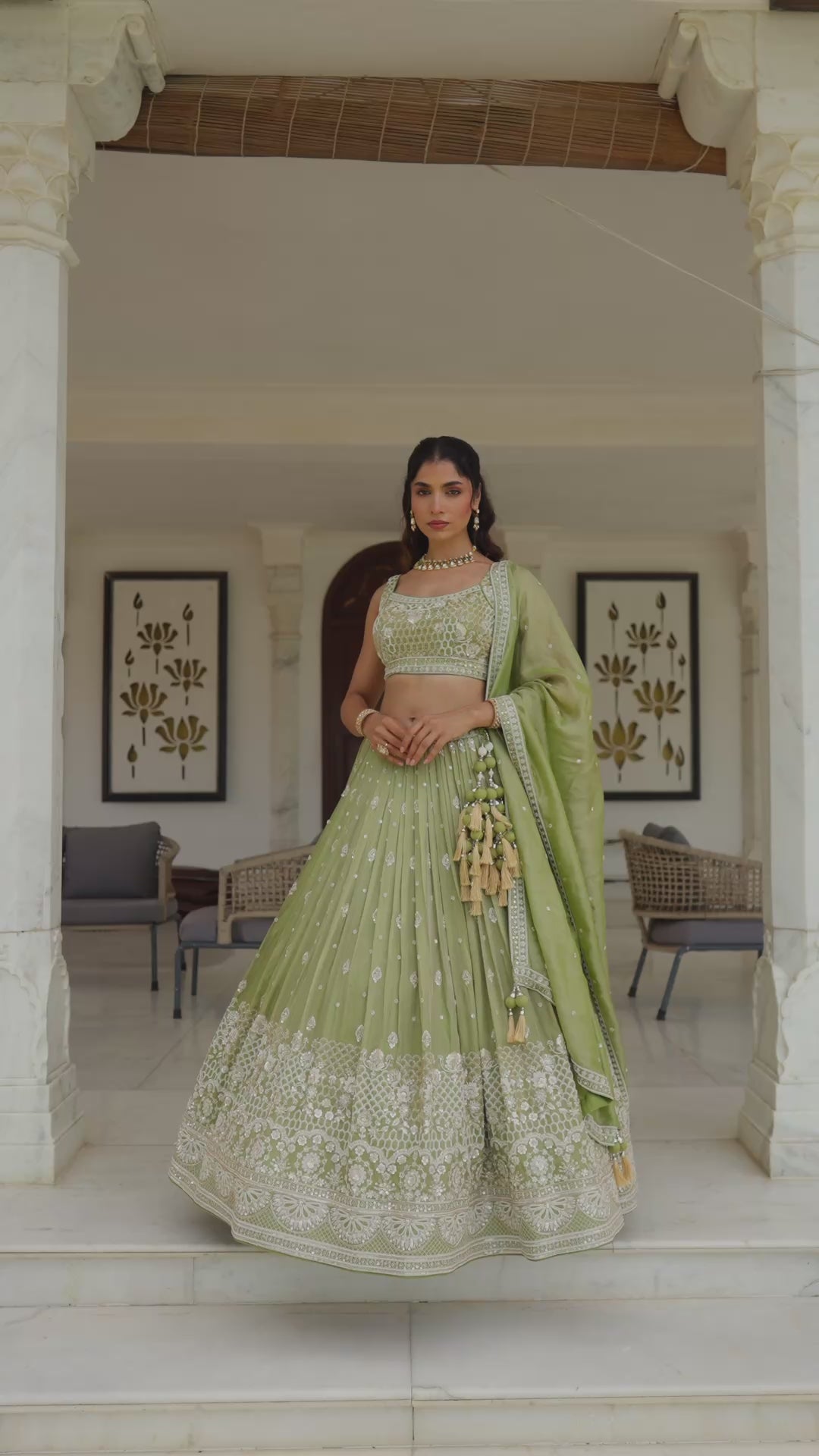 Pastel Olive Green Embroidered Designer Lehenga Choli Set with Dupatta