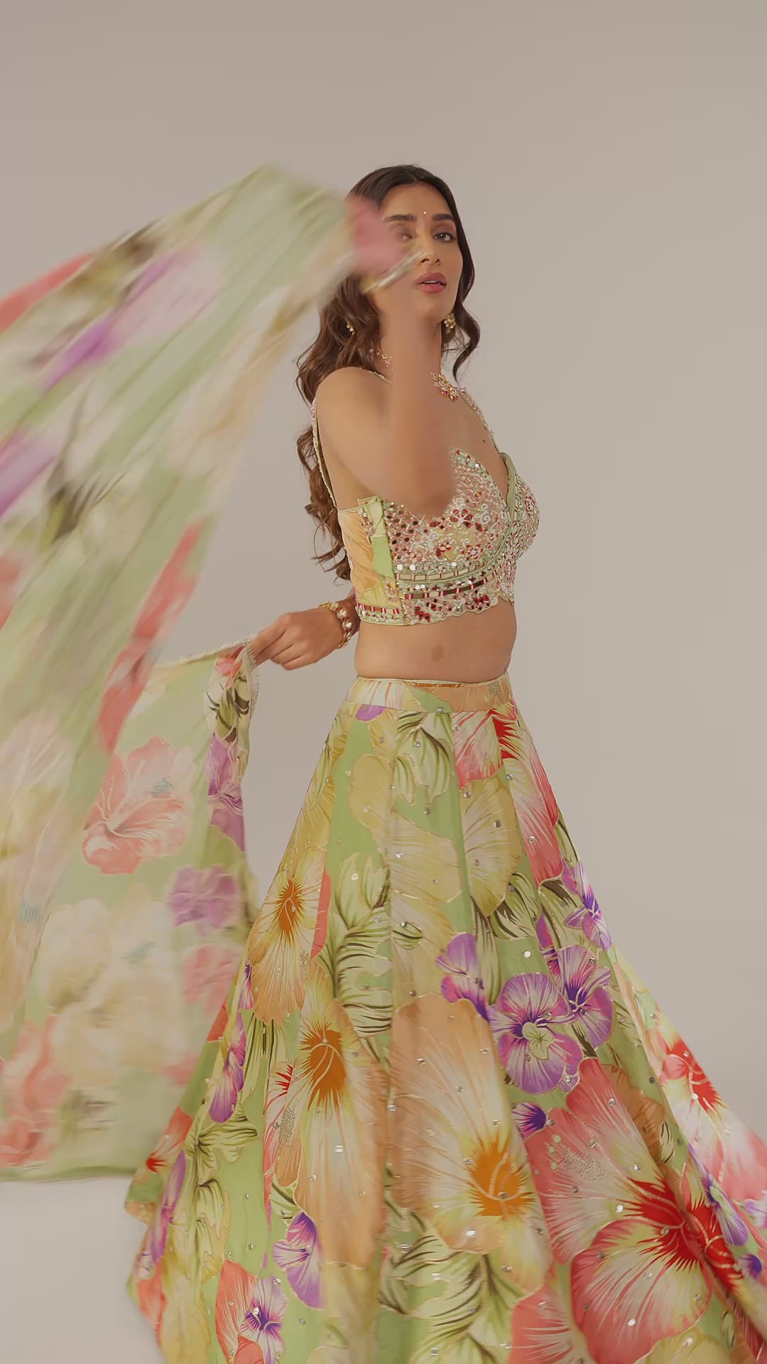 Lime Green Floral Printed Designer Lehenga Set with Heavily Embellished Blouse