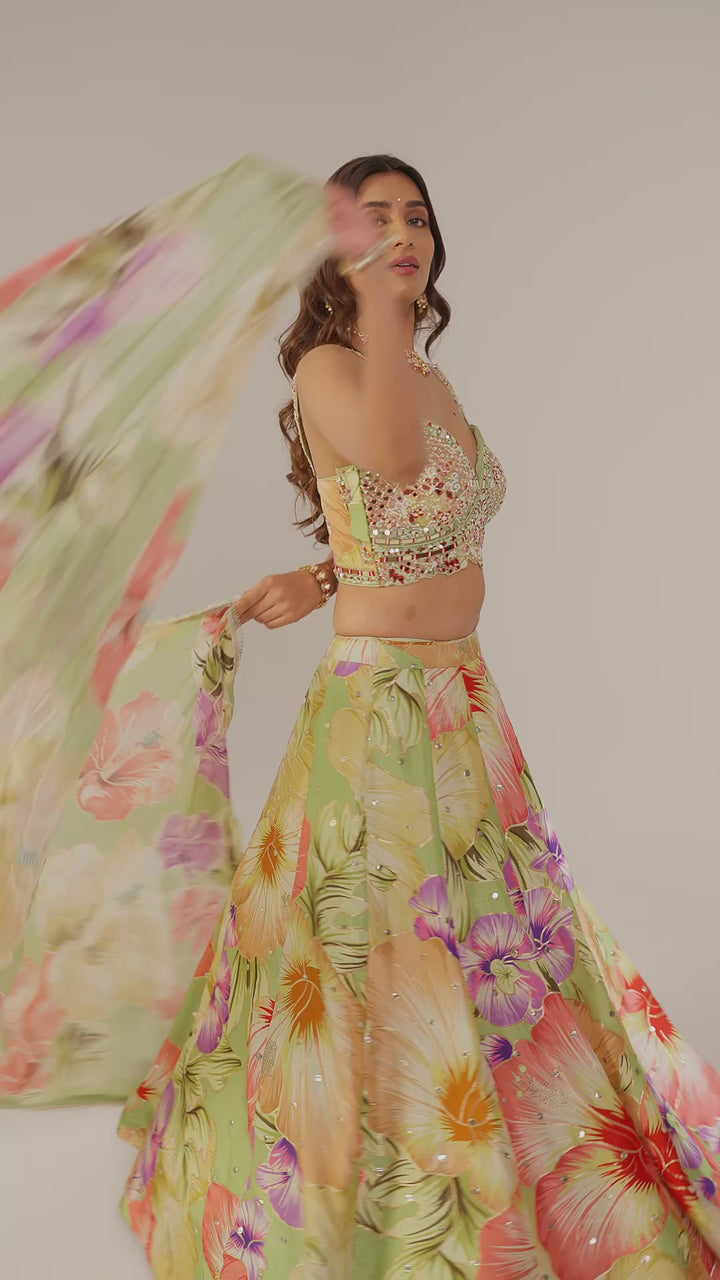 Lime Green Floral Printed Designer Lehenga Set with Heavily Embellished Blouse