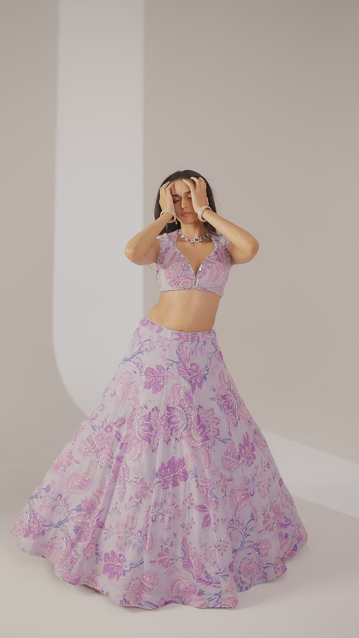 Lavender Lilac Embroidered Designer Lehenga Set with Sheer Dupatta