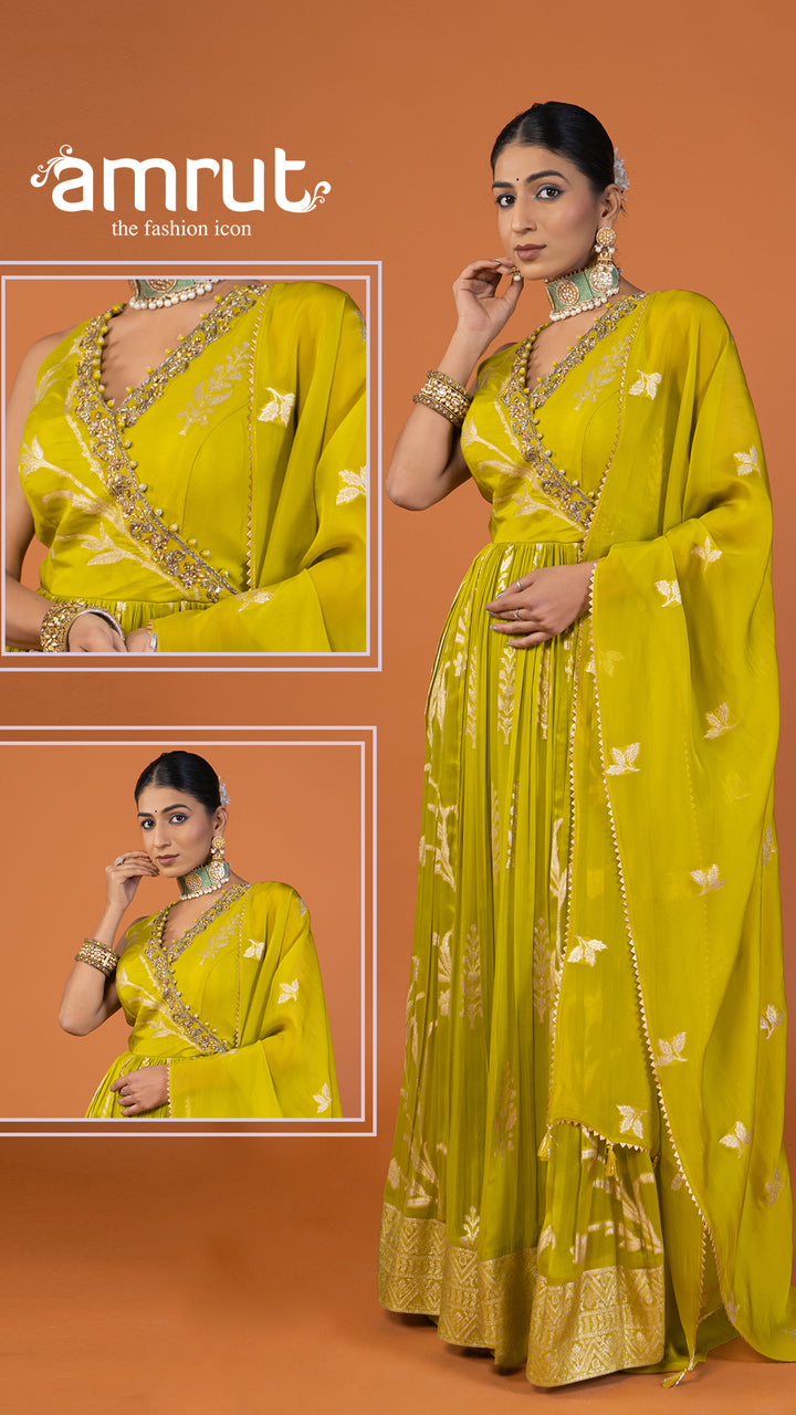 Lime Yellow Zari-Embellished Pleated Anarkali Dress with Dupatta