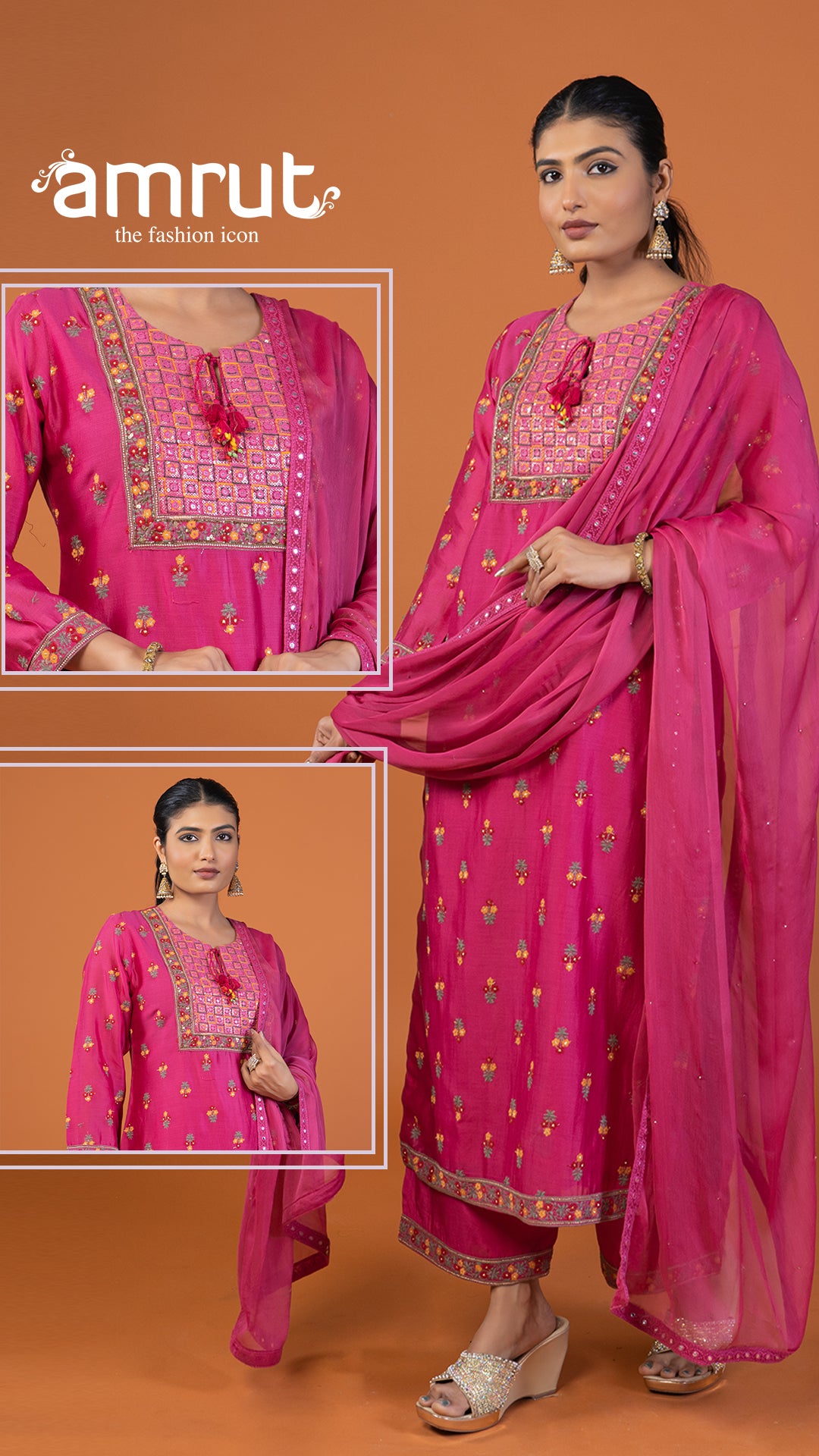 Magenta Pink Floral Buti Embroidered Embellished Salwar Kameez