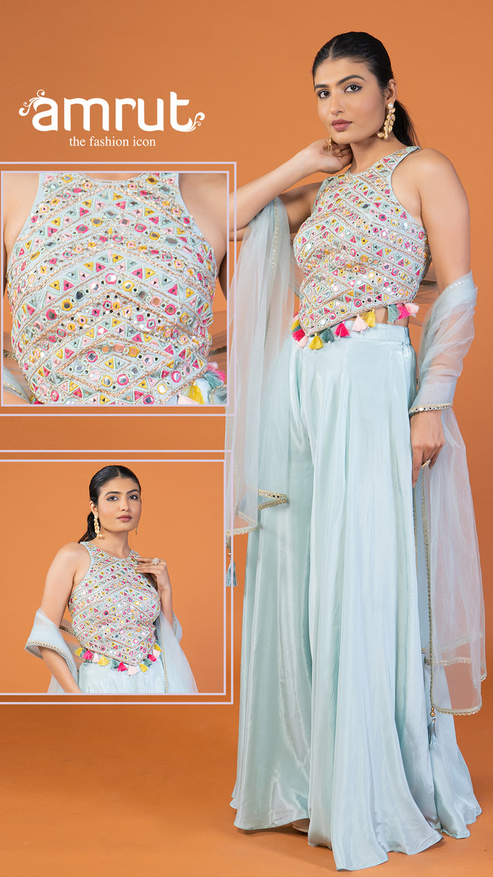 Powder Blue Palazzo with Embroidered Embellished Crop Top and Dupatta