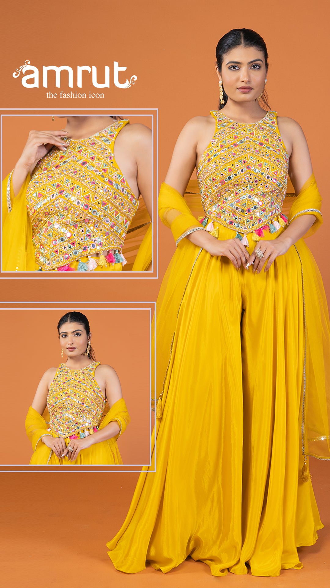 Yellow Palazzo with Embroidered Embellished Crop Top and Dupatta