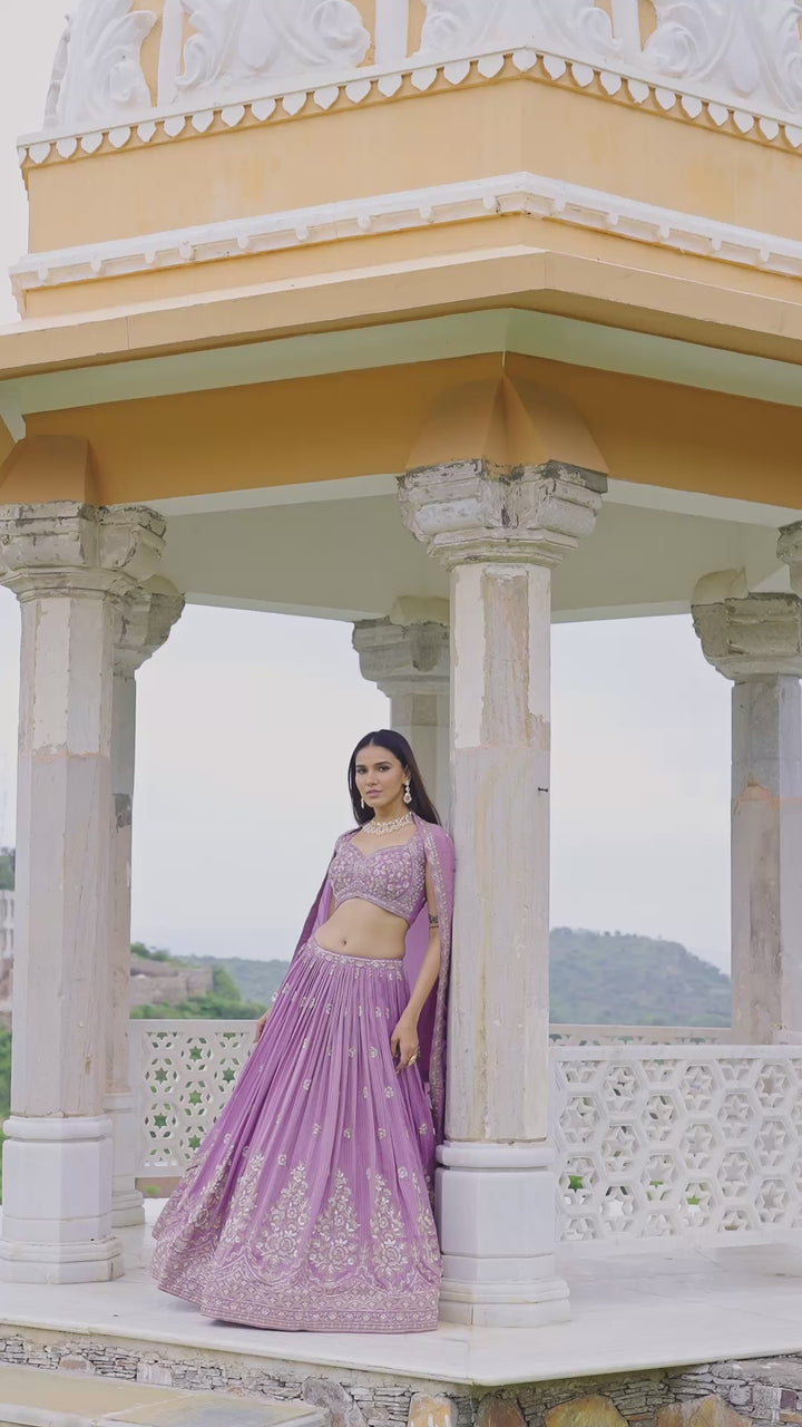 Lavender Luxury Hand-Embroidered Designer Lehenga Set with Sequins, Zari