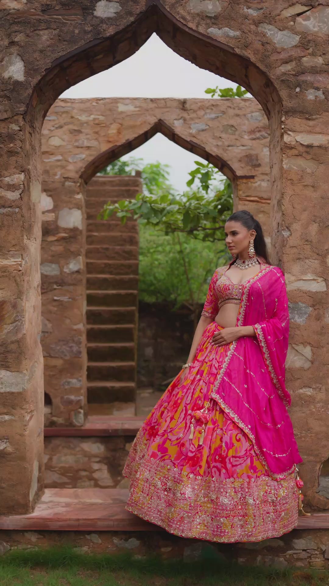 Bright Pink Floral Lehenga Choli with Golden Embroidery and Designer Dupatta