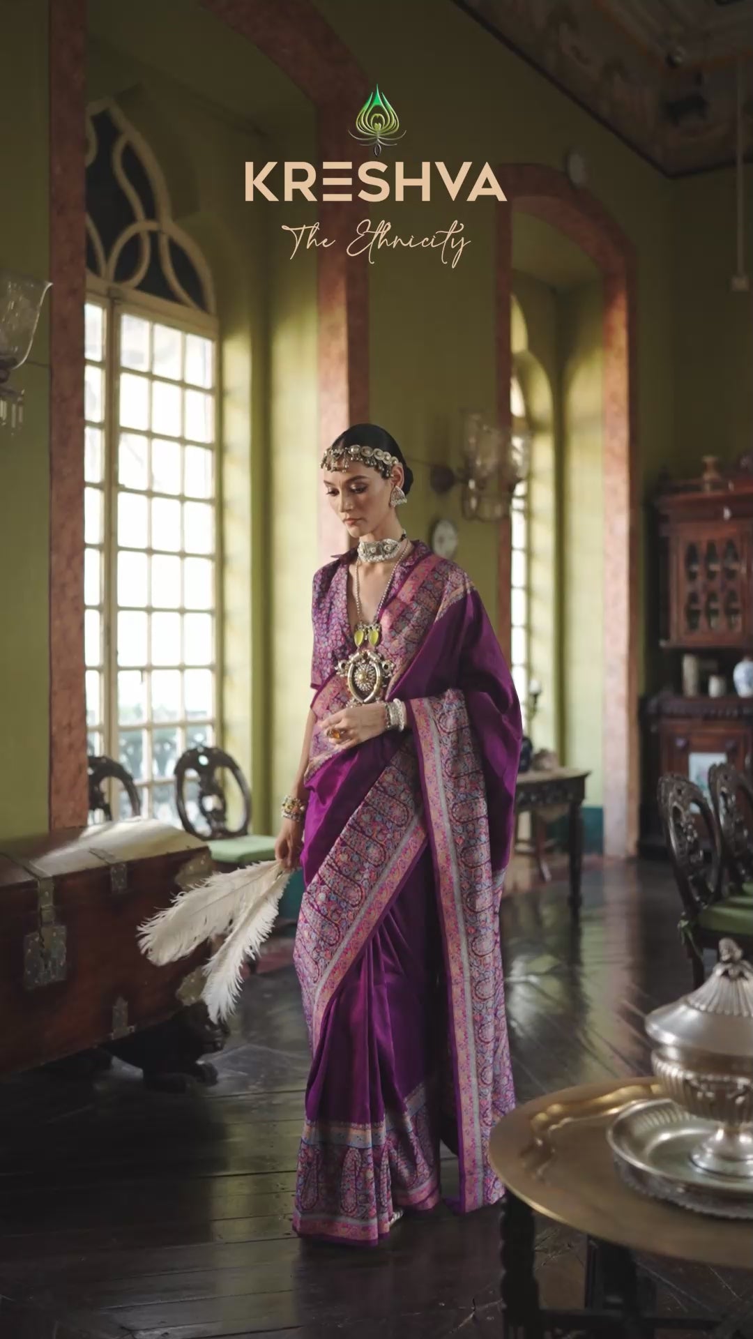 Royal Purple Heritage Pashmina Inspired Designer Saree with Multicolour Traditional Border