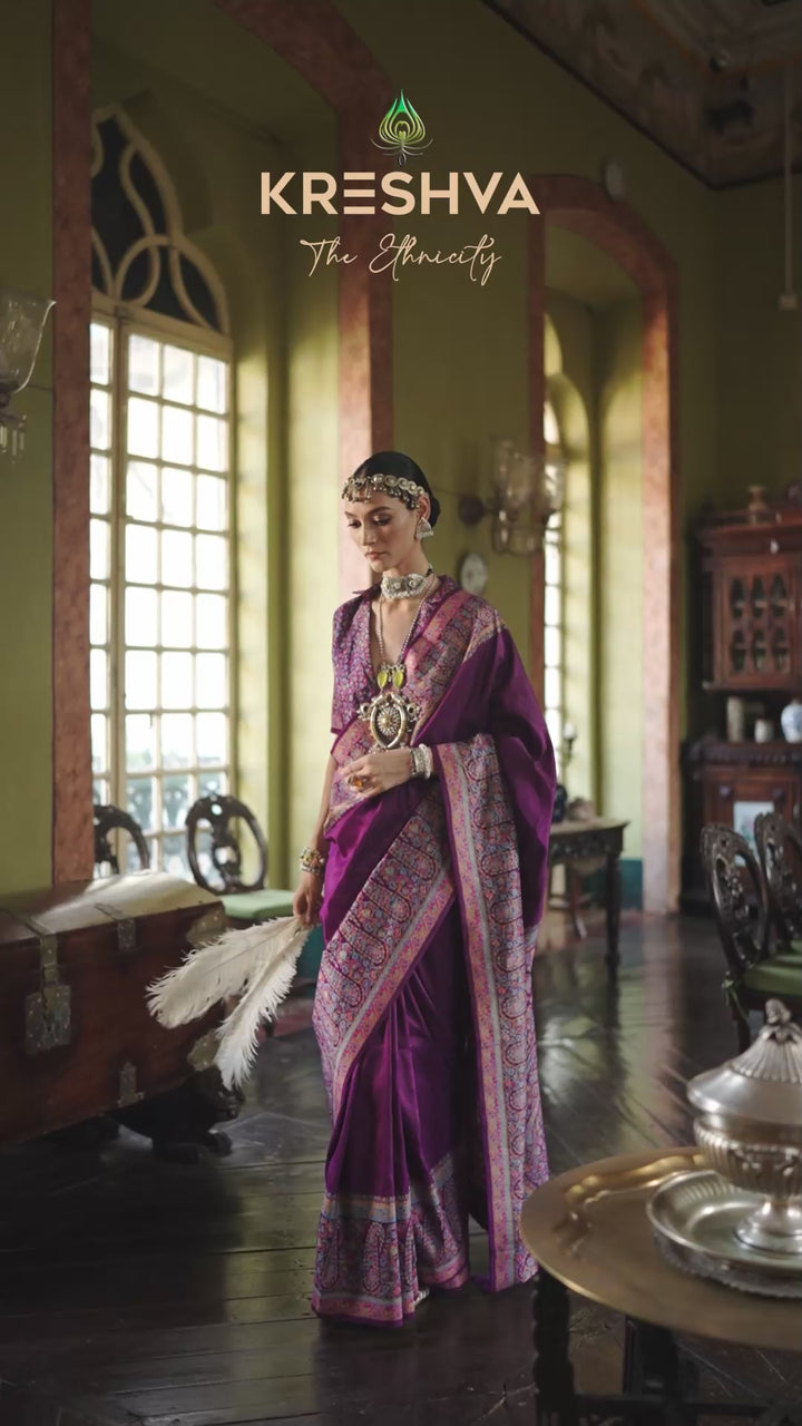 Royal Purple Heritage Pashmina Inspired Designer Saree with Multicolour Traditional Border