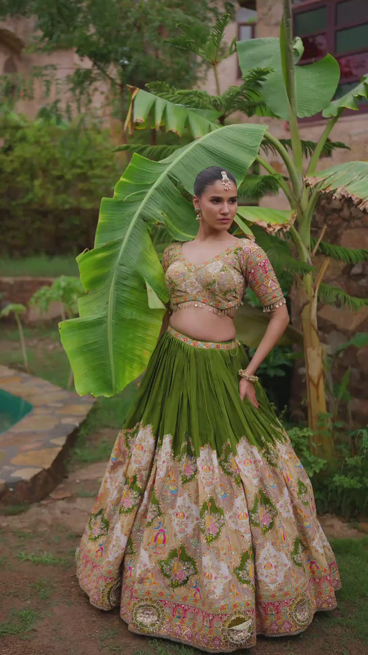 Olive Green Designer Lehenga Choli with Pink Dupatta and Multicolour Embroidered Border