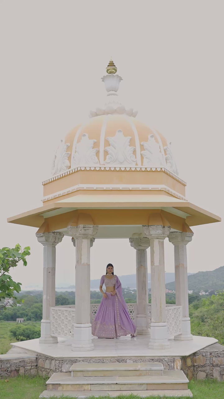 Lavender Threadwork & Mirror Embroidered Lehenga Choli with Dupatta