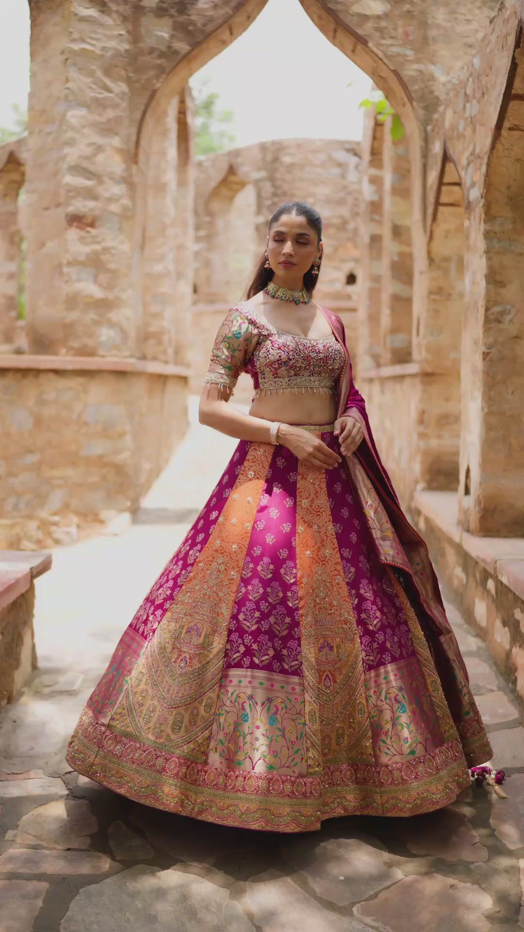 Rani Pink and Multicolour Lehenga Choli with Intricate Golden Embroidery